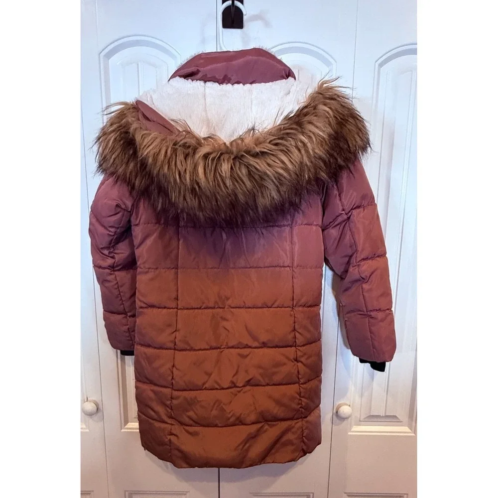 DKNY Girls Pink Puffer Coat Faux Fur Hood Long Winter Jacket Size 10/12 M/L